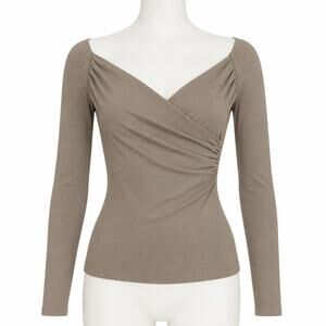 OGL Women's Taupe Ruched Surplice Long Sleeve Top - Size XS